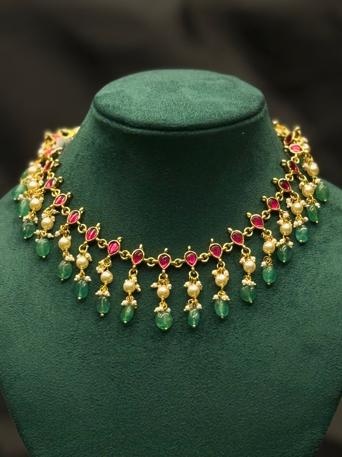 Ruby & Green Stone Gold Plated Necklace Set with Pearl Drops | ONK371