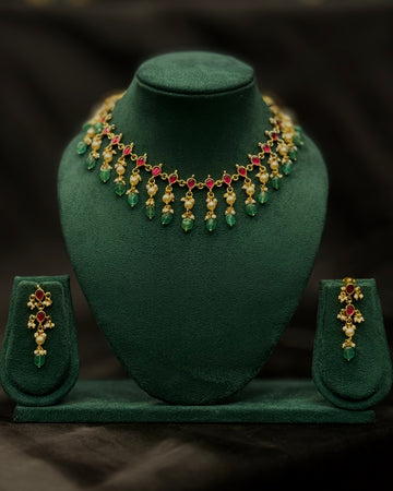 Ruby & Green Stone Gold Plated Necklace Set with Pearl Drops | ONK371