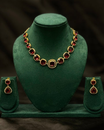 Ruby Stone Gold Plated Necklace Set with Matching Earrings | ONK372