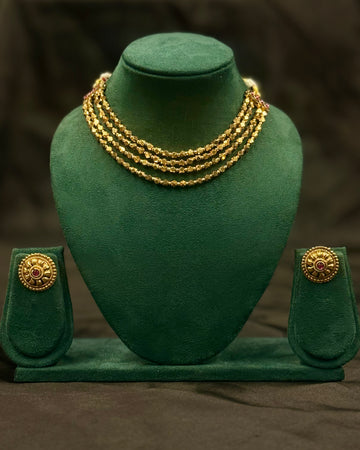 Traditional Gold Beaded Necklace Set with Matching Stud Earrings | ONK373