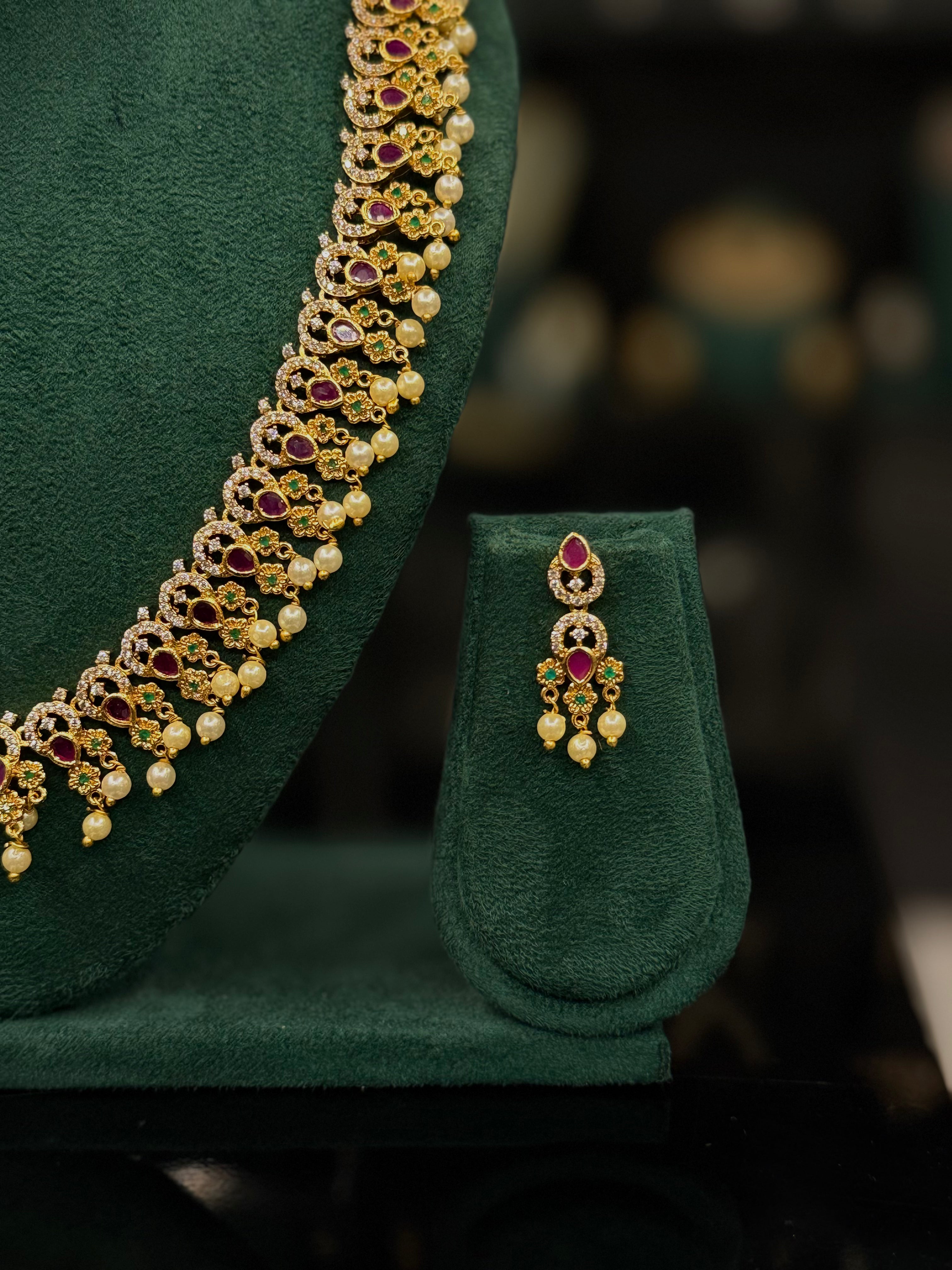 Traditional Ruby Stone Necklace Set with Pearl Drops & Matching Earrings | ONK375