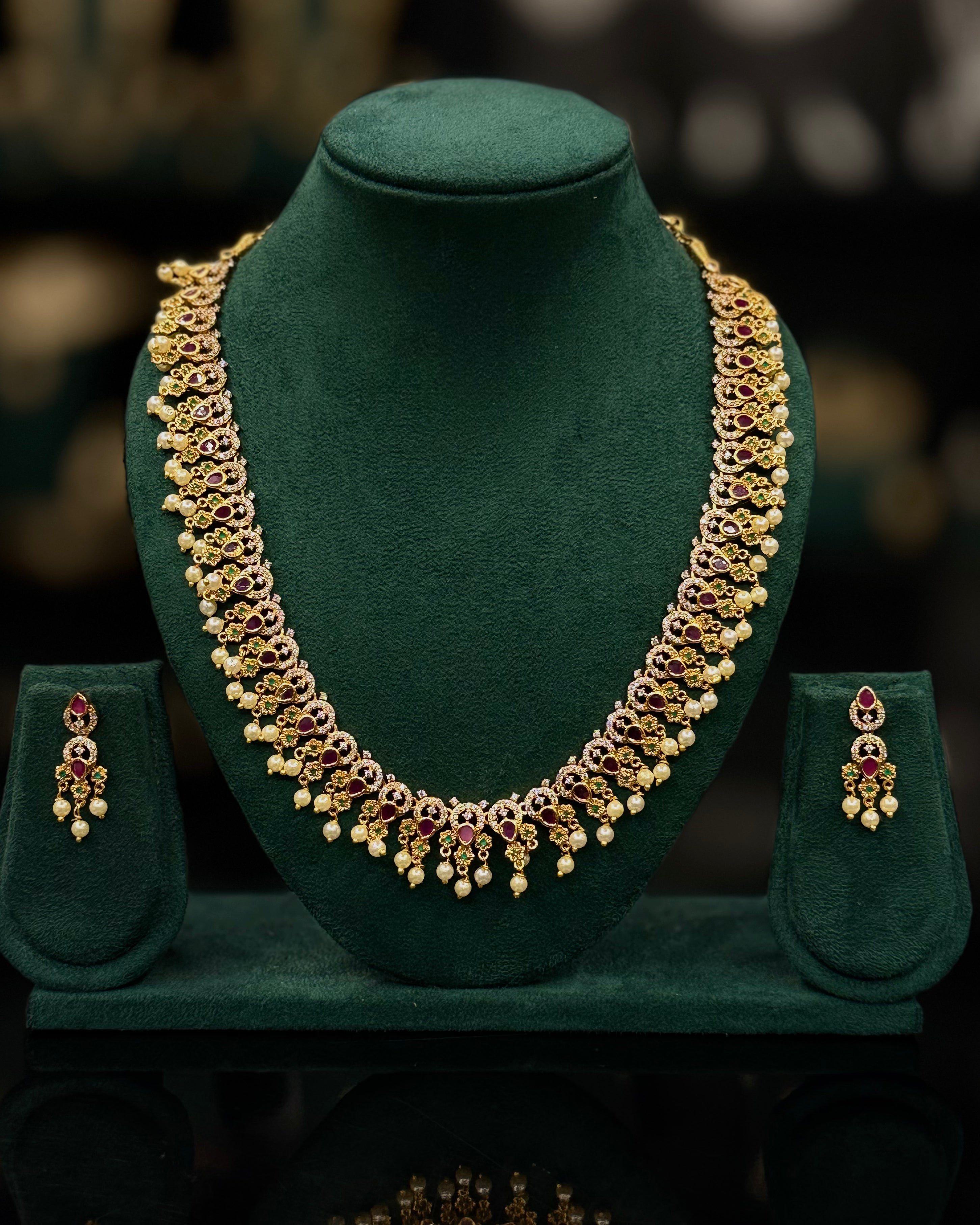 Traditional Ruby Stone Necklace Set with Pearl Drops & Matching Earrings | ONK375