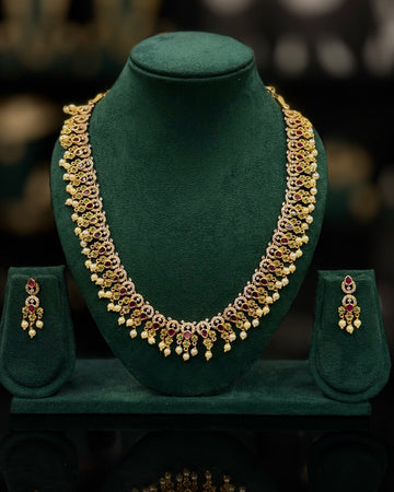 Traditional Ruby Stone Necklace Set with Pearl Drops & Matching Earrings | ONK375