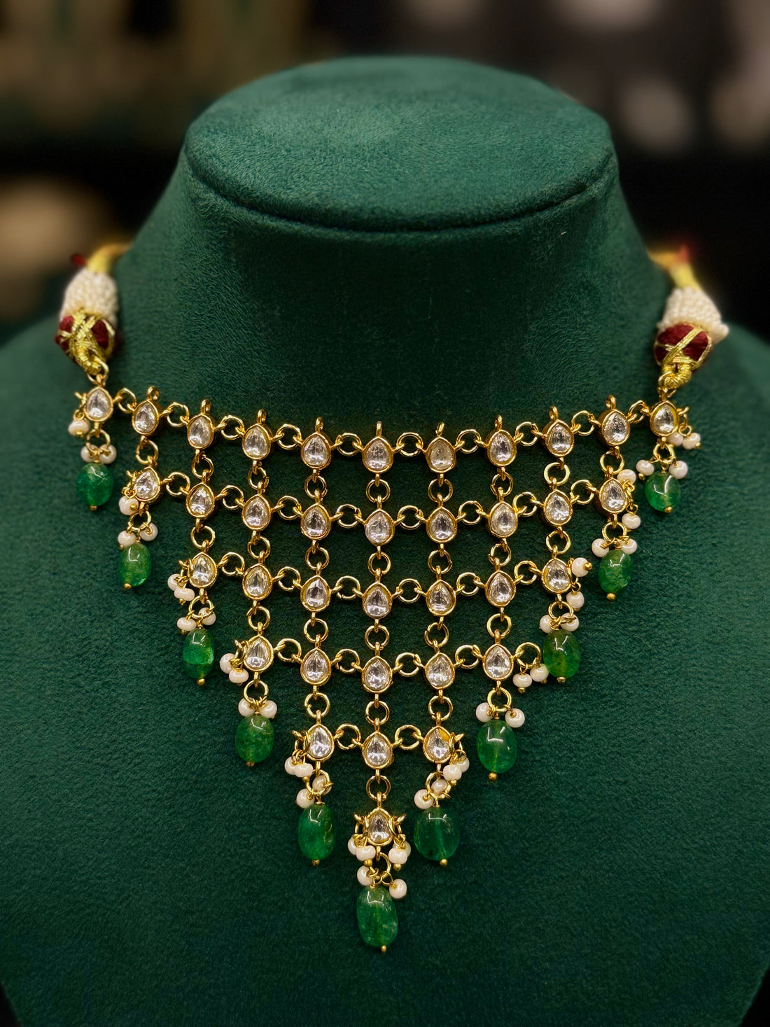 Elegant Green Emerald Kundan Necklace Set with Pearl Drops | ONK376