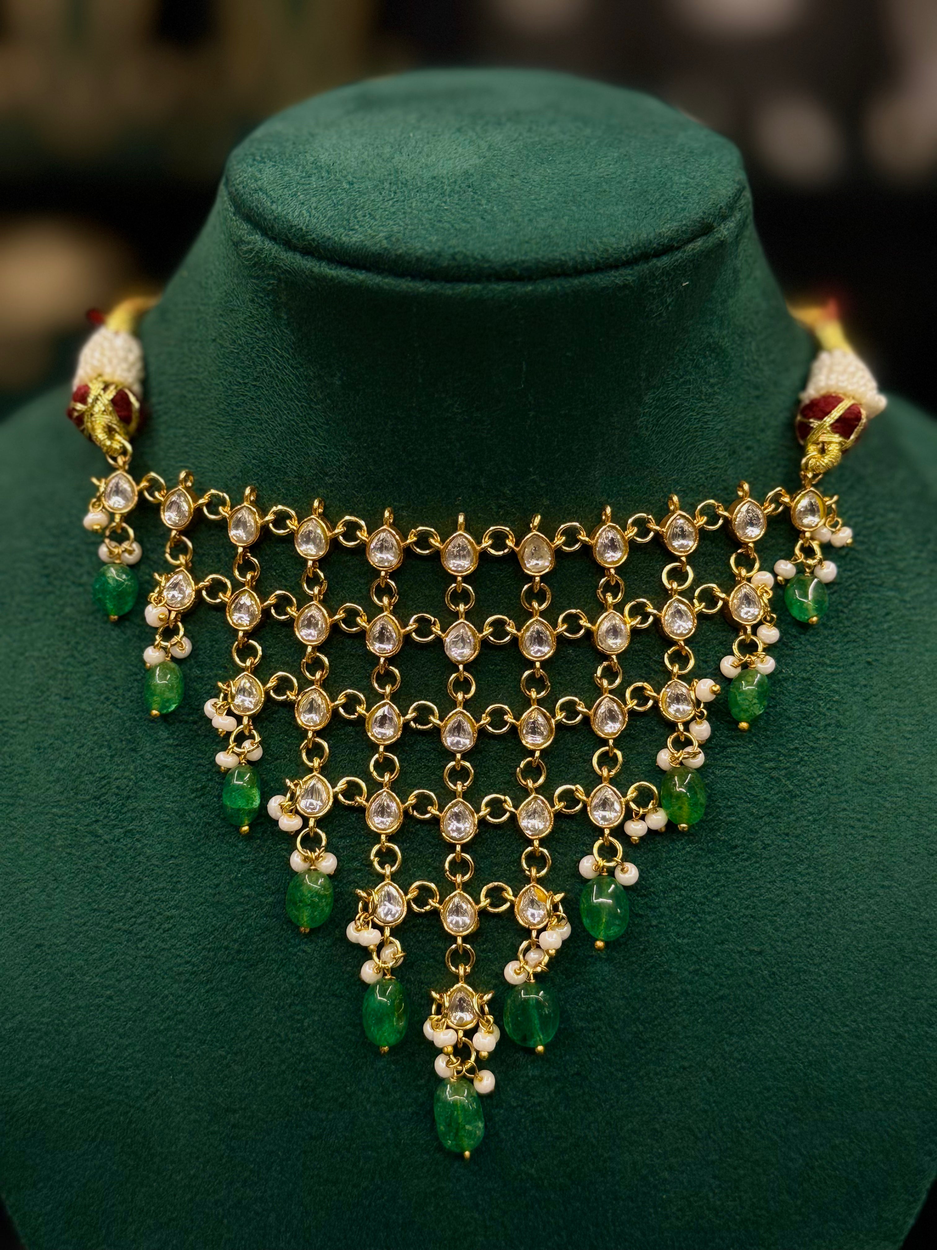 Elegant Green Emerald Kundan Necklace Set with Pearl Drops | ONK376