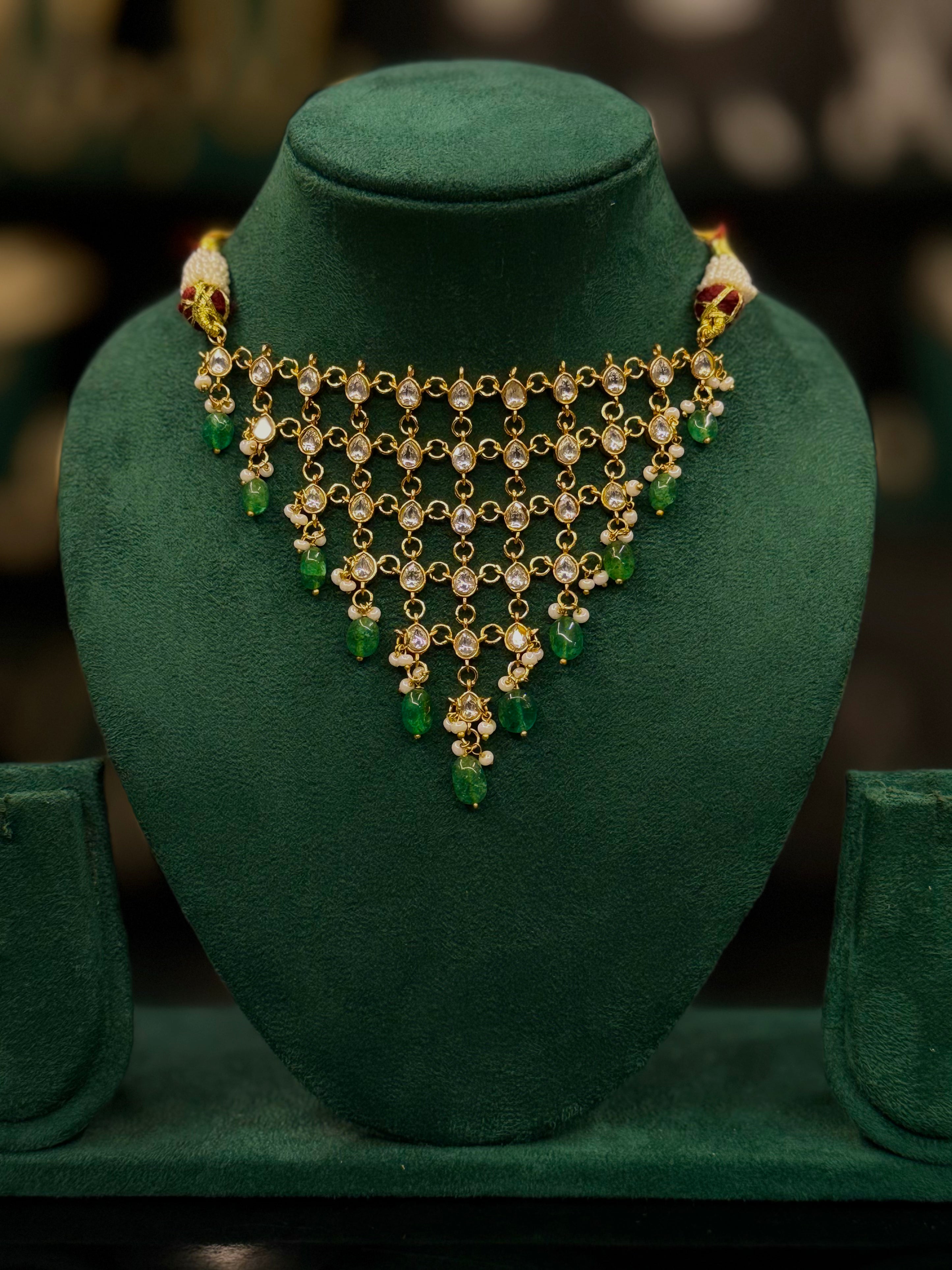 Elegant Green Emerald Kundan Necklace Set with Pearl Drops | ONK376