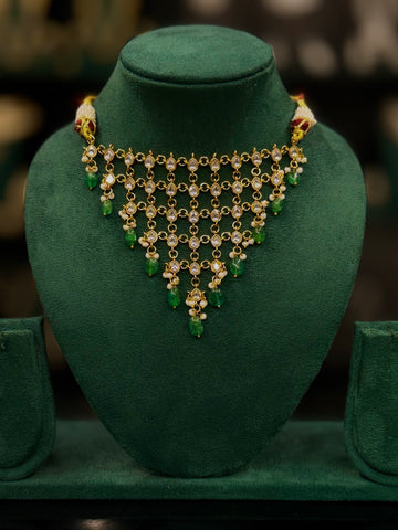Elegant Green Emerald Kundan Necklace Set with Pearl Drops | ONK376