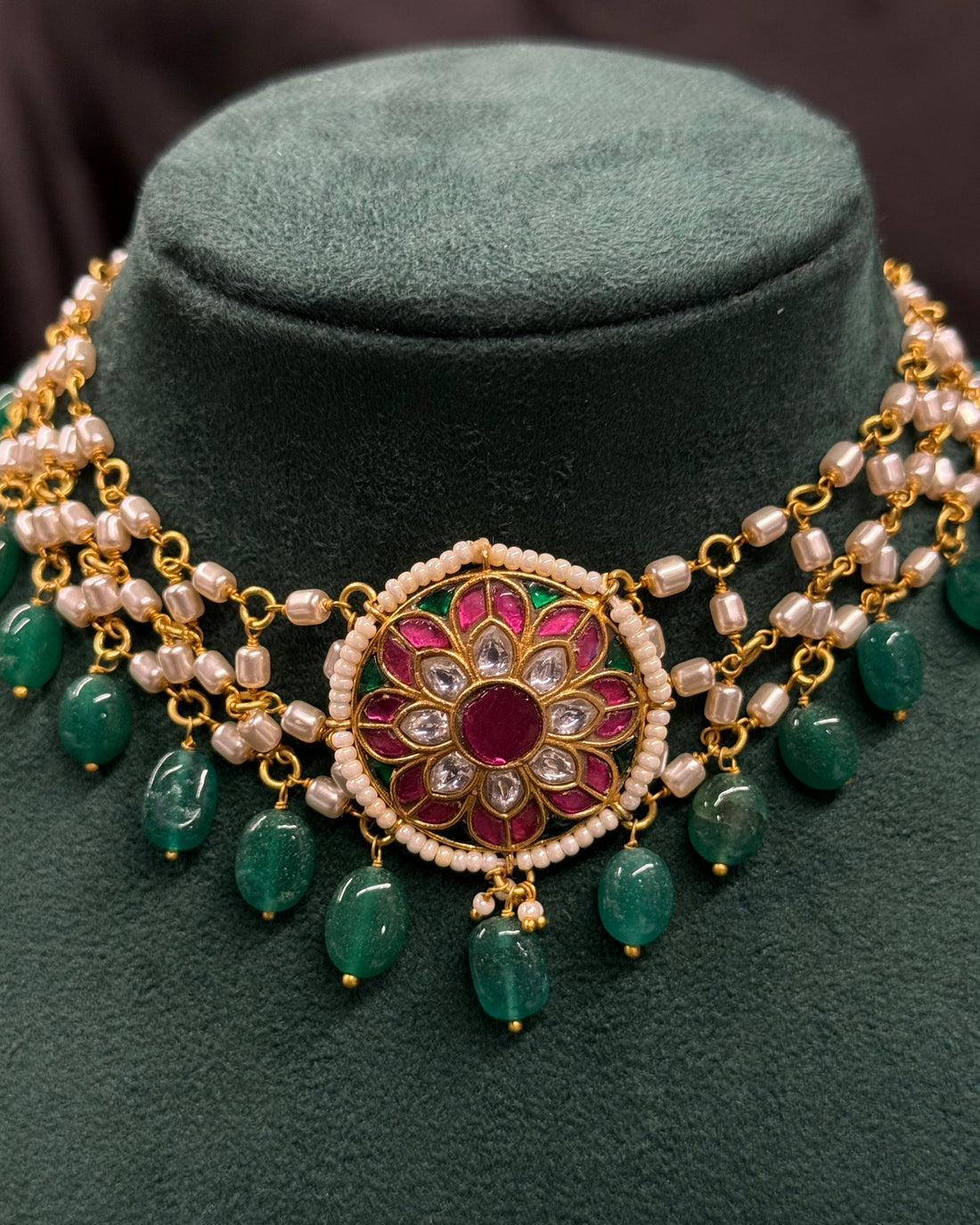 Green Beaded Floral Choker Necklace with Pink Stone Centrepiece | ONK377