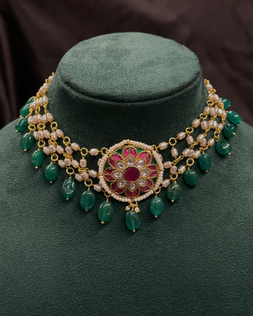 Green Beaded Floral Choker Necklace with Pink Stone Centrepiece | ONK377