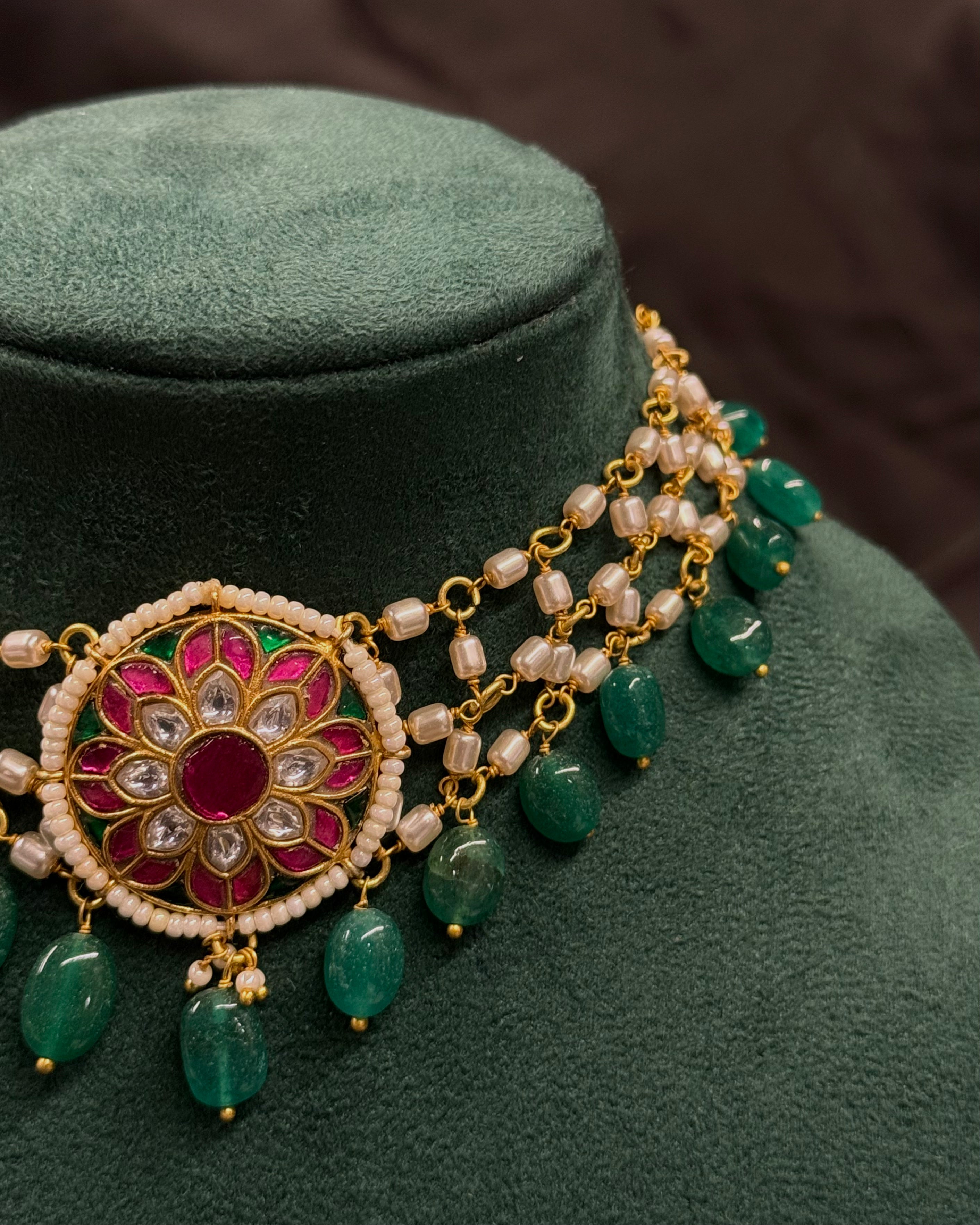 Green Beaded Floral Choker Necklace with Pink Stone Centrepiece | ONK377