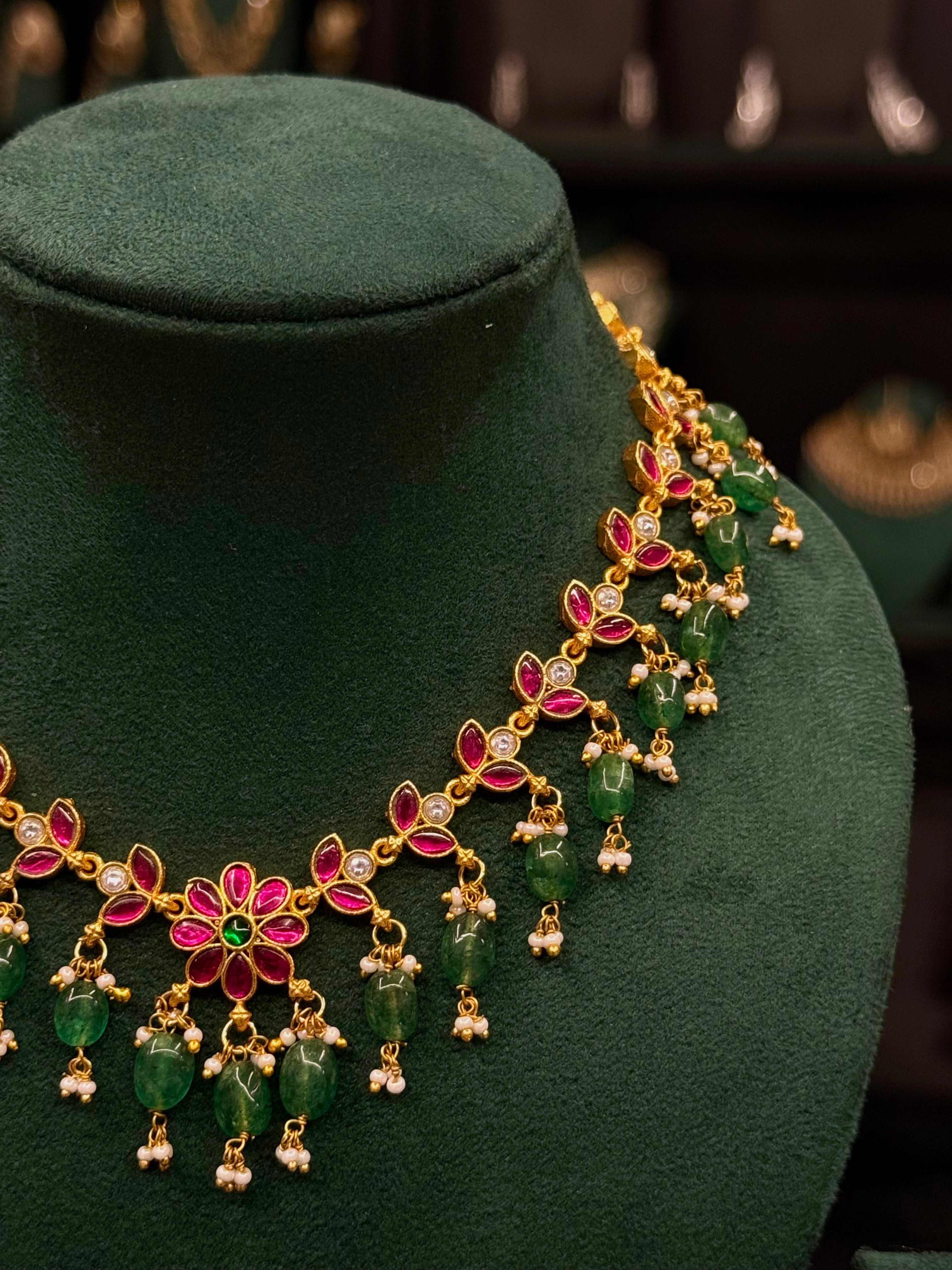 Pink & Green Floral Gold Necklace Set with Green Beads | ONK378