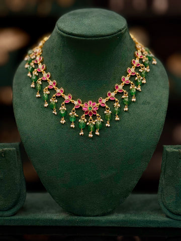 Pink & Green Floral Gold Necklace Set with Green Beads | ONK378
