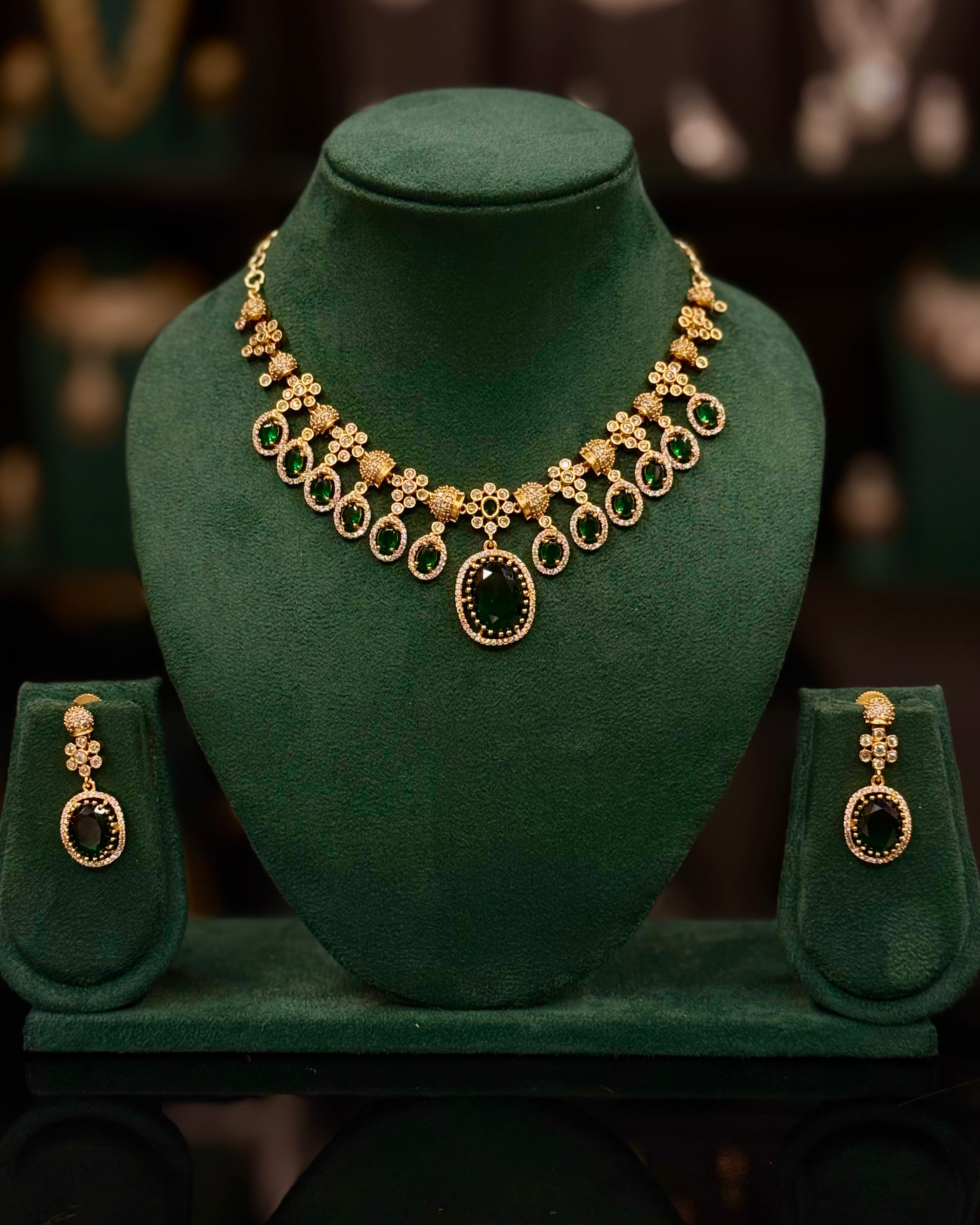 Green & Ruby Stone Necklace Set with Statement Pendant & Matching Earrings | ONK383