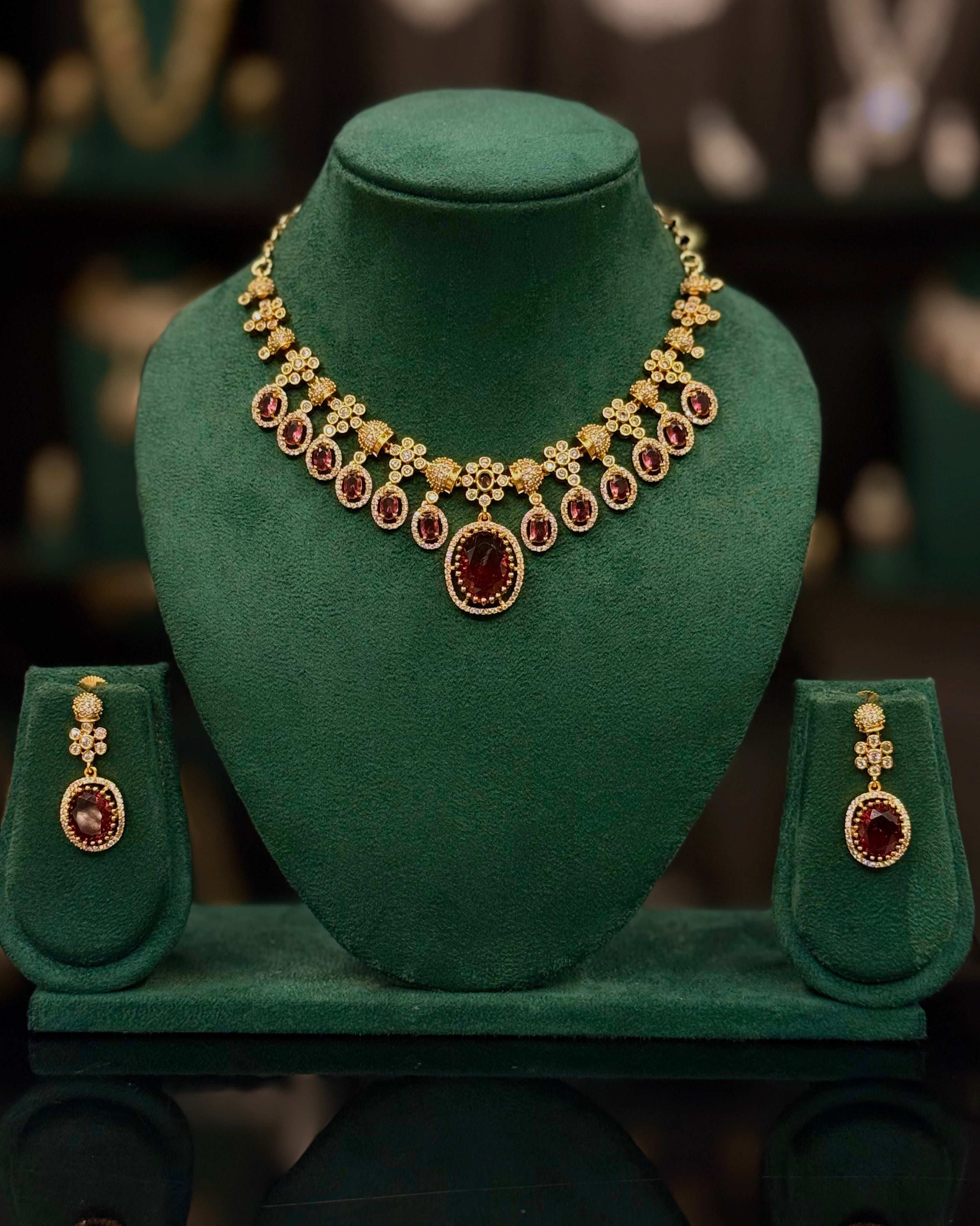 Green & Ruby Stone Necklace Set with Statement Pendant & Matching Earrings | ONK383