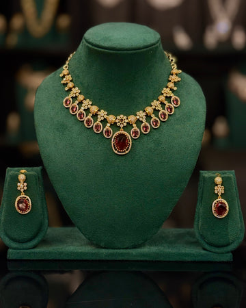 Green & Ruby Stone Necklace Set with Statement Pendant & Matching Earrings | ONK383