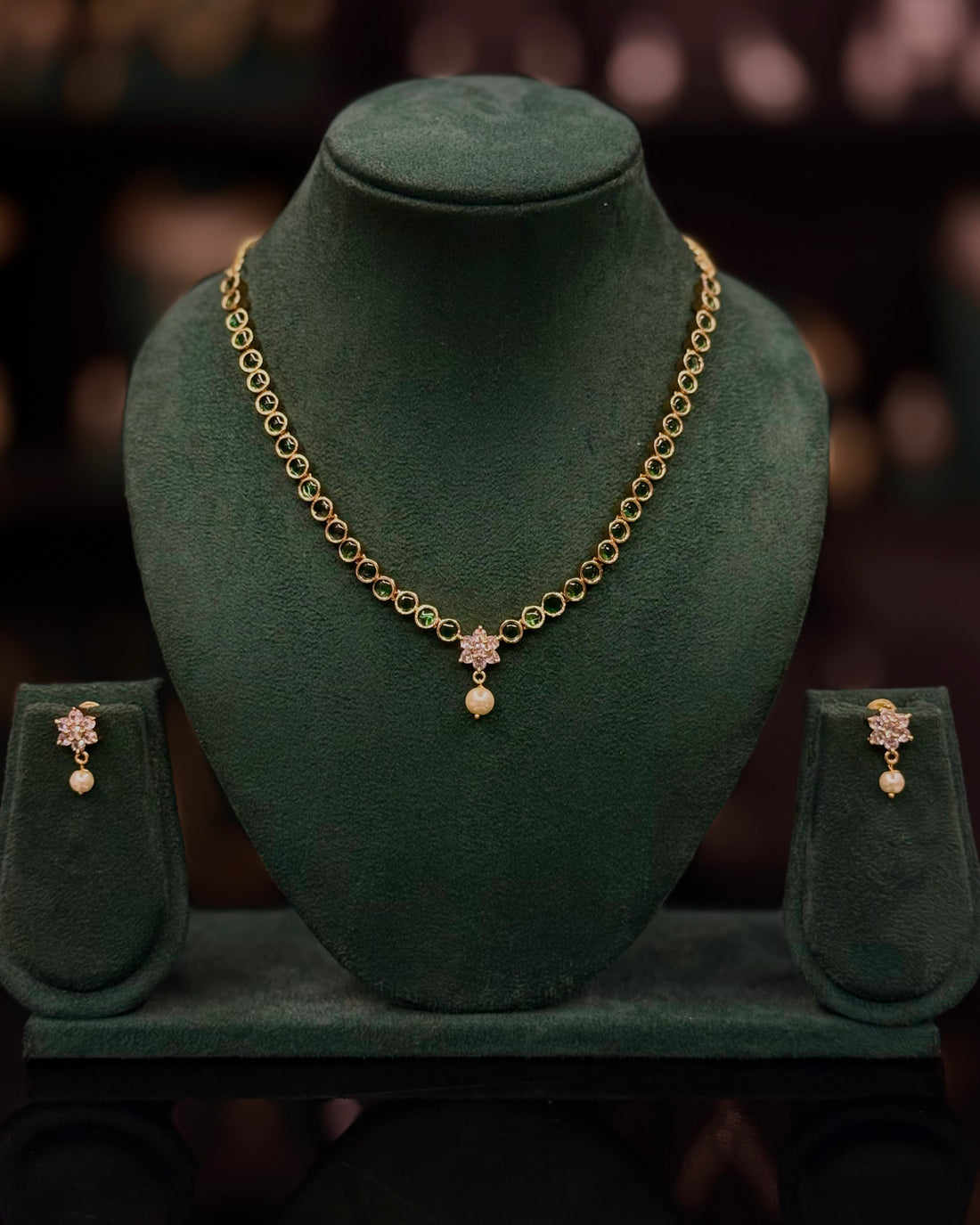 Elegant Gold Mini  Necklace Set with Ruby, Green & White Stone Options - Matching Earrings | ONK386