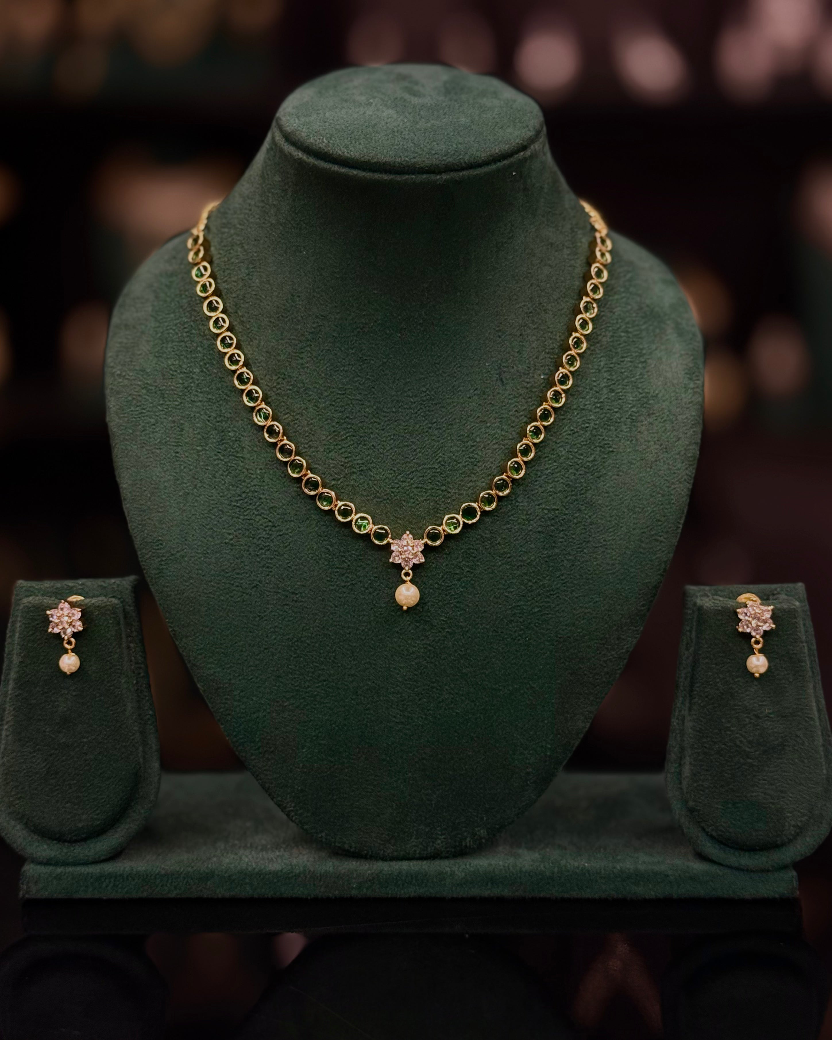 Elegant Gold Mini  Necklace Set with Ruby, Green & White Stone Options - Matching Earrings | ONK386