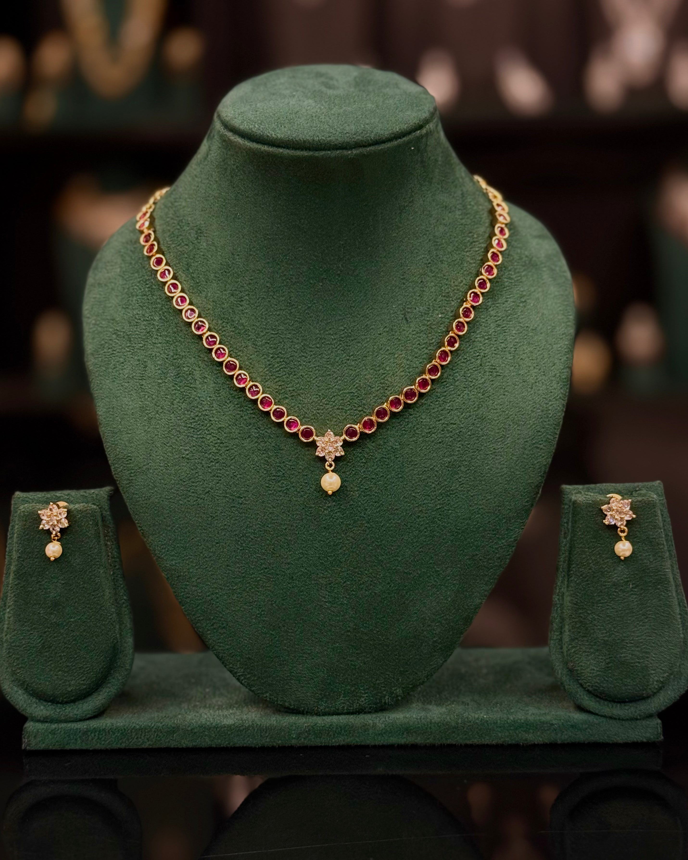 Elegant Gold Mini  Necklace Set with Ruby, Green & White Stone Options - Matching Earrings | ONK386