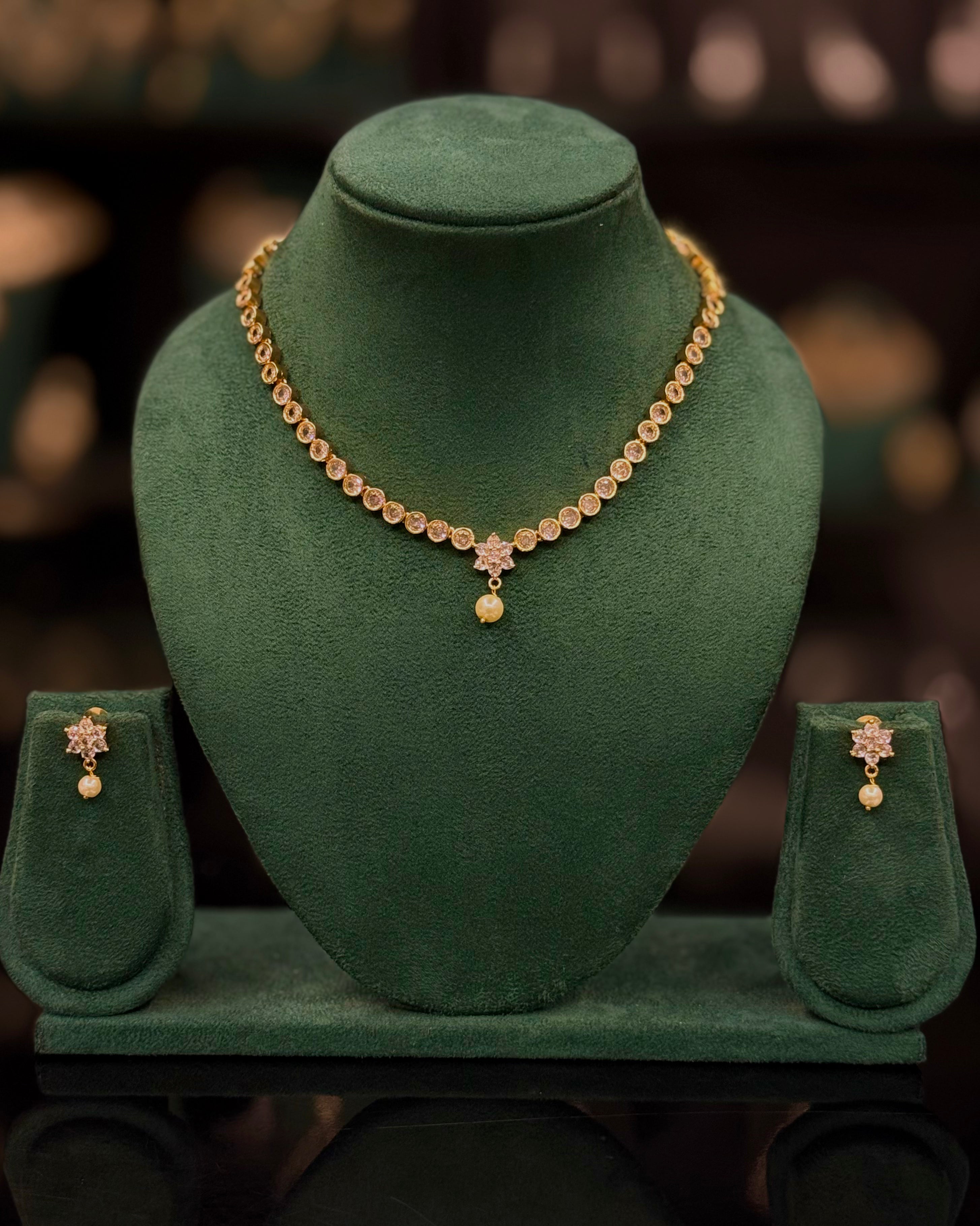 Elegant Gold Mini  Necklace Set with Ruby, Green & White Stone Options - Matching Earrings | ONK386