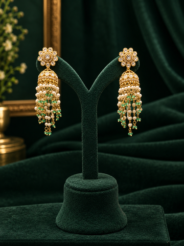 Green Beaded Tassel Jhumka Earrings | ONK391