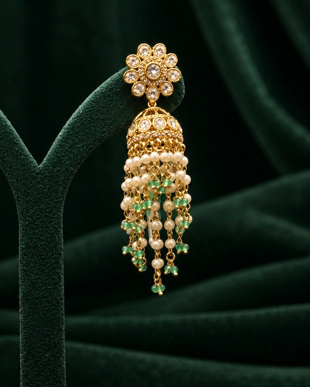 Green Beaded Tassel Jhumka Earrings | ONK391