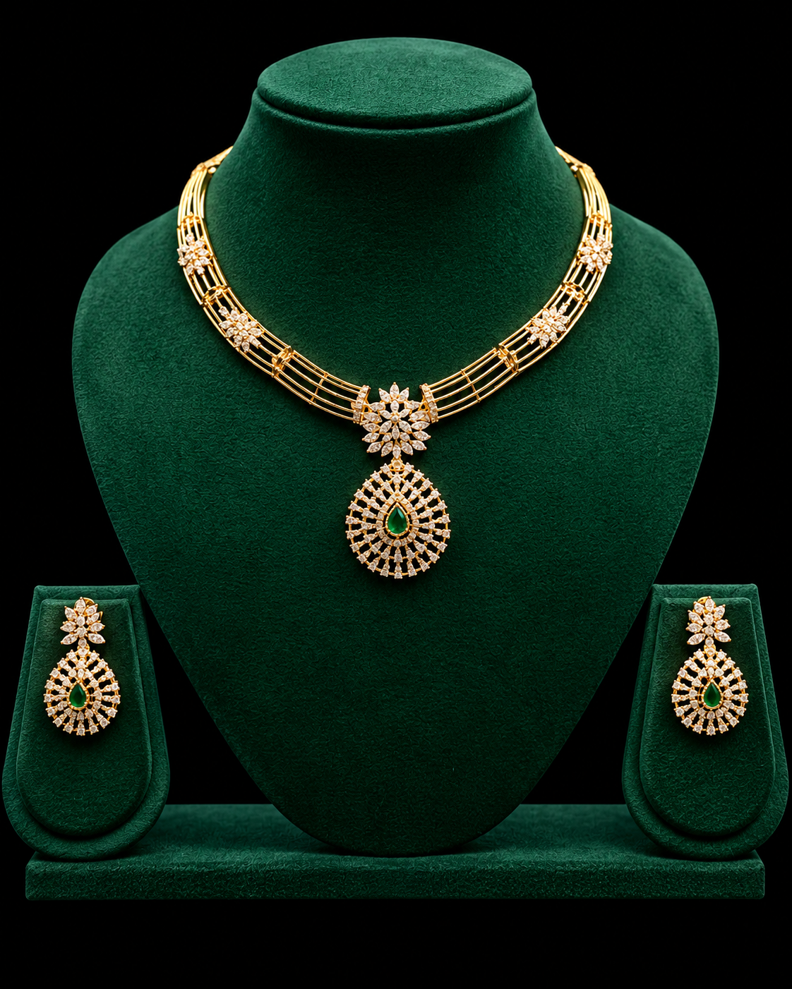 Gold-Tone Green Stone Necklace Set | ONK396