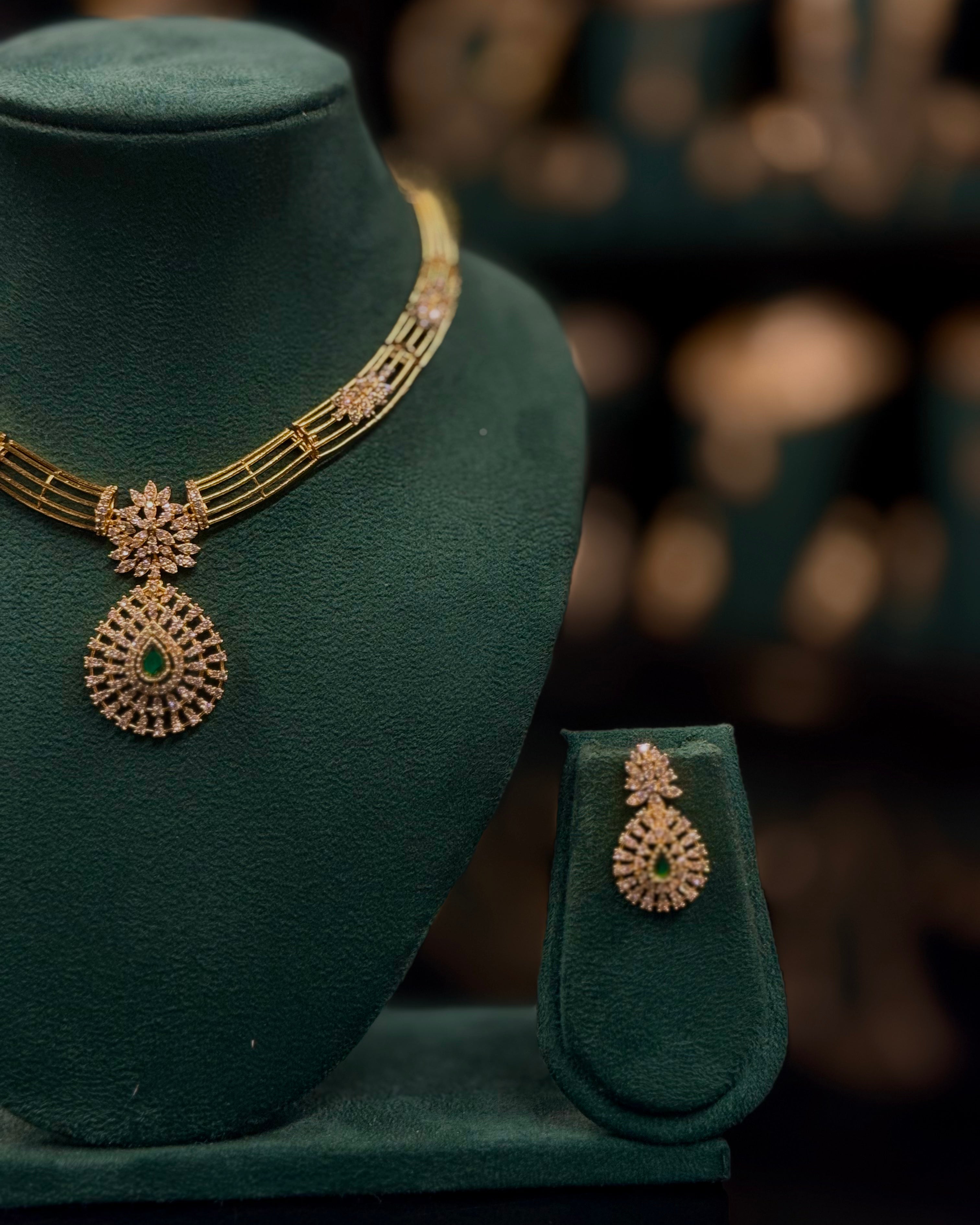 Gold-Tone Green Stone Necklace Set | ONK396