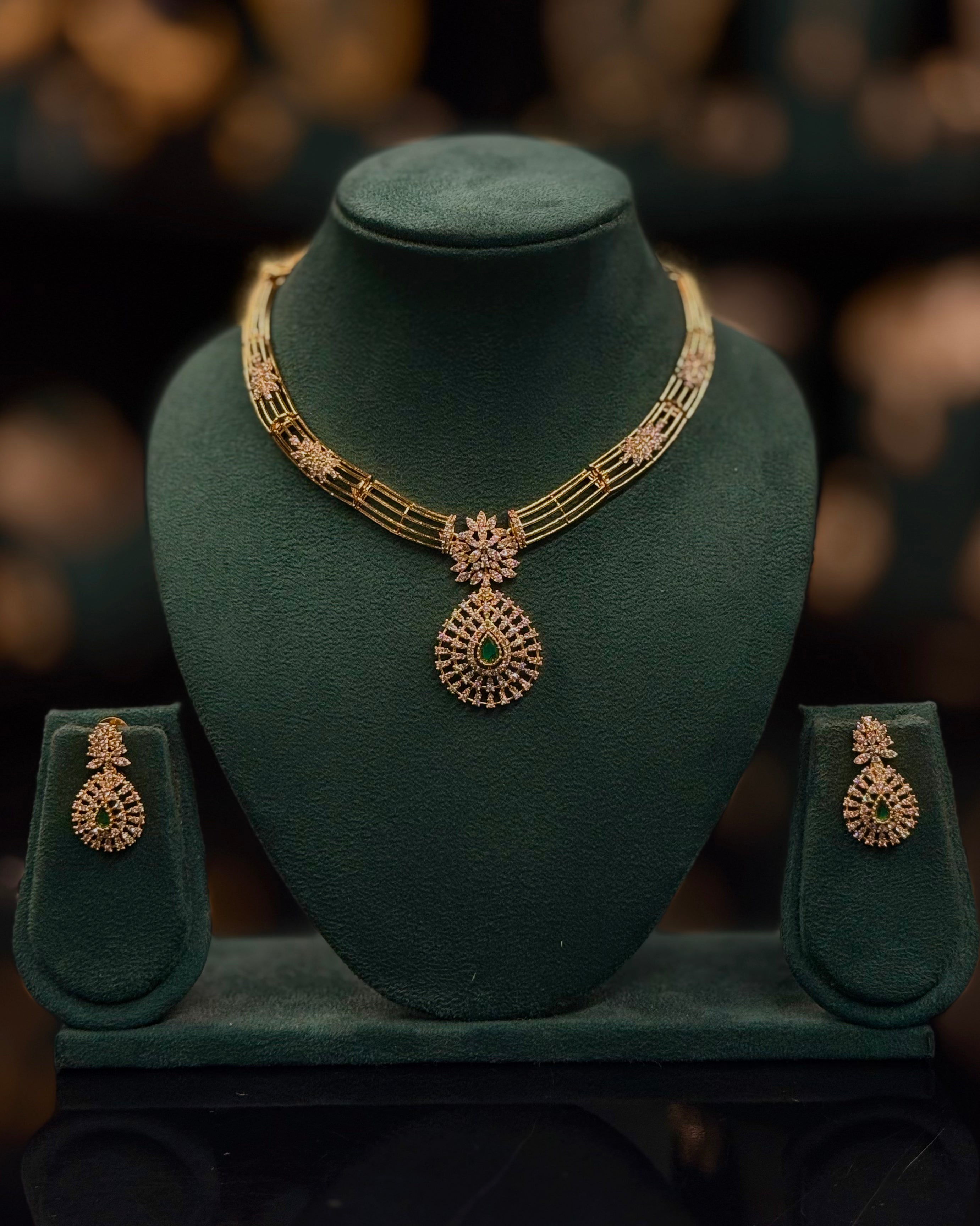 Gold-Tone Green Stone Necklace Set | ONK396