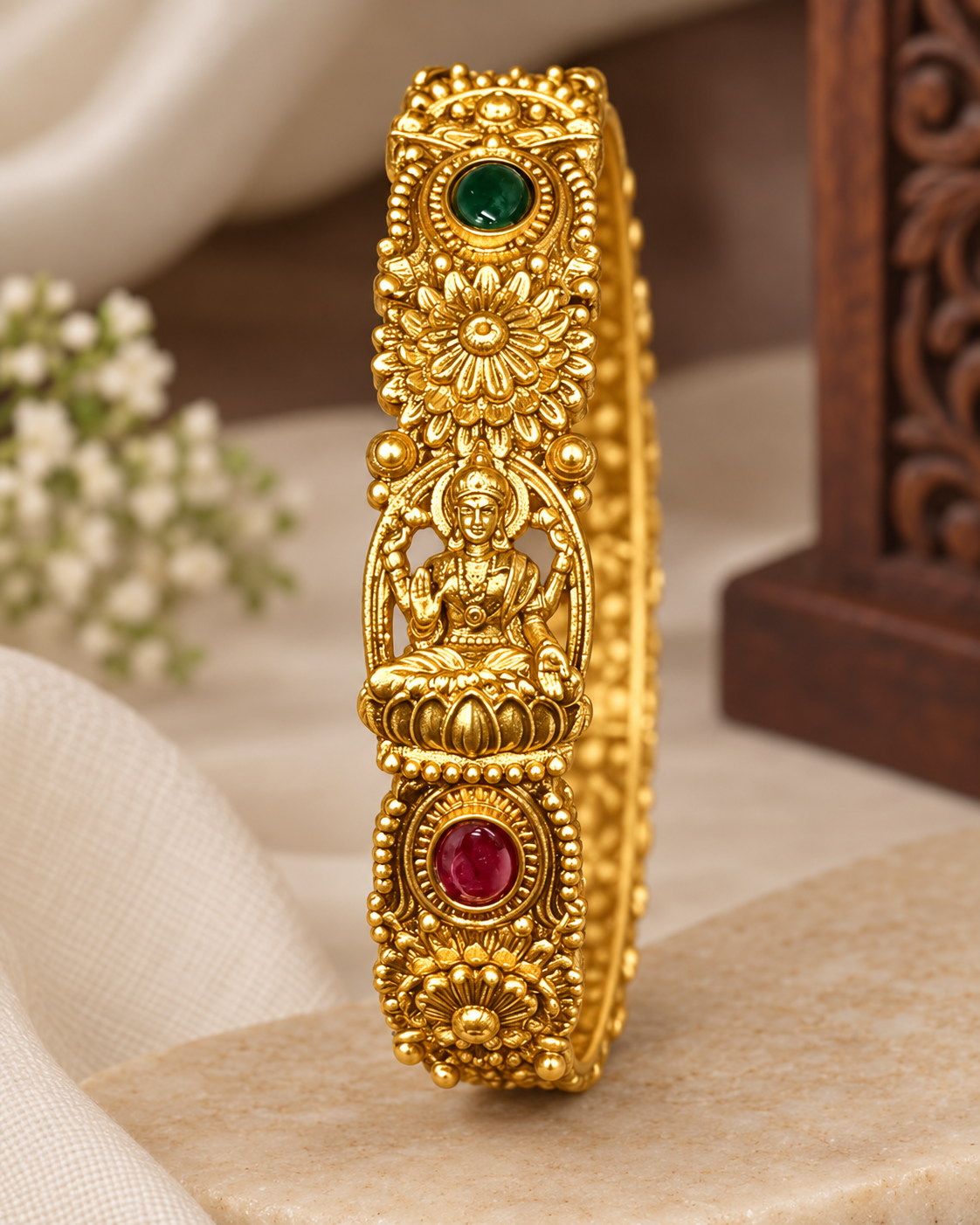 Antique Gold Lakshmi Deity Sunburst Floral Ruby Oval Kemp Kada Bangle |  ONK45