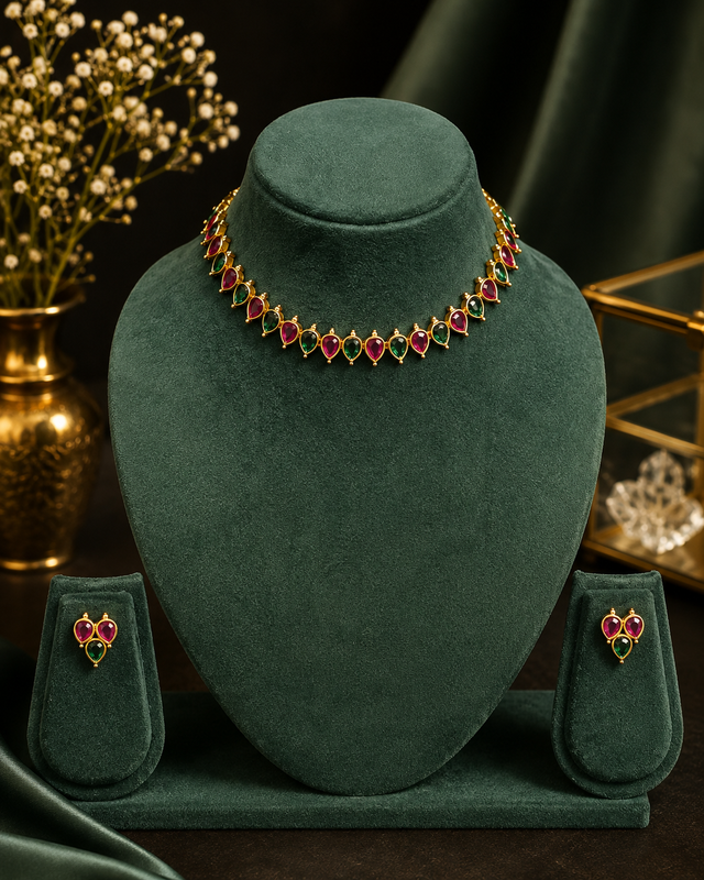 Gold Ruby Pink Teardrop Choker Necklace Set with Trinity Stud Earrings | ONK215