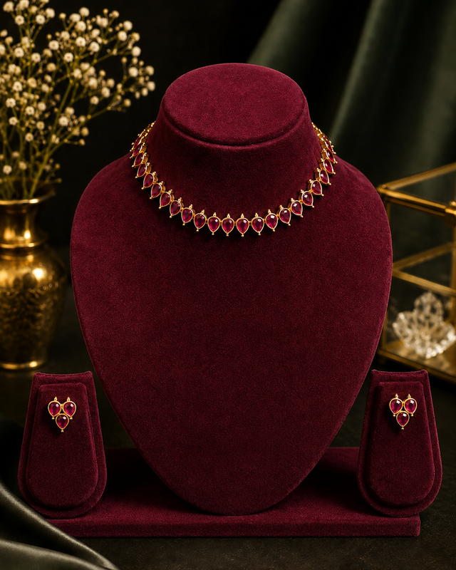 Gold Ruby Pink Teardrop Choker Necklace Set with Trinity Stud Earrings | ONK215