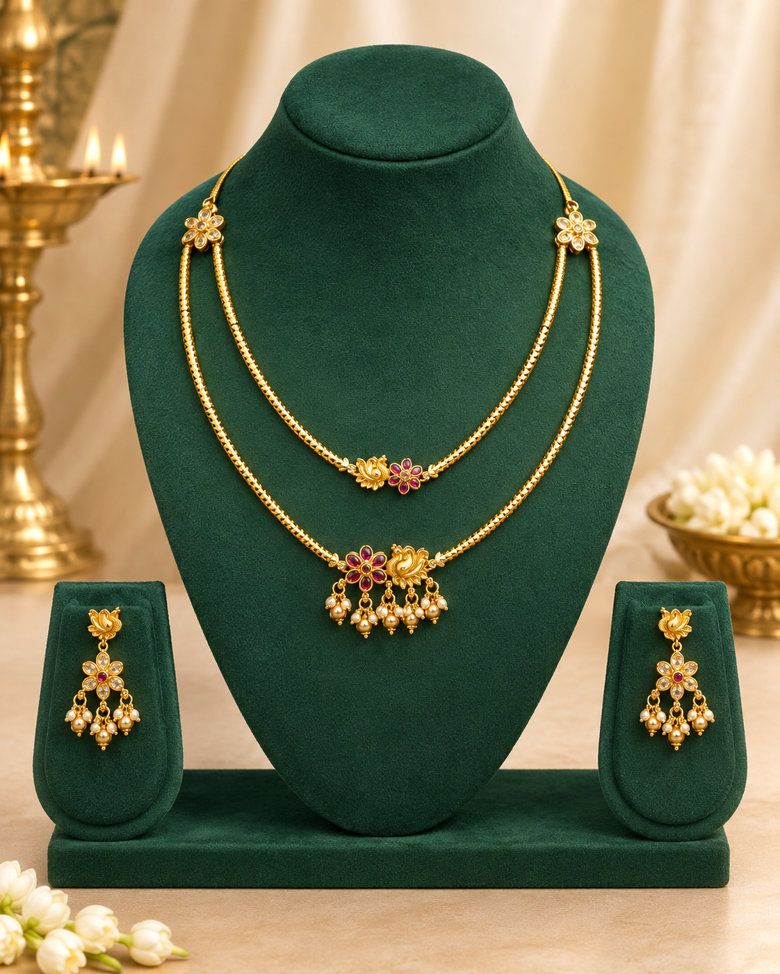 Gold Double Layer Necklace Set with Pearl Jhumkas | ONK58