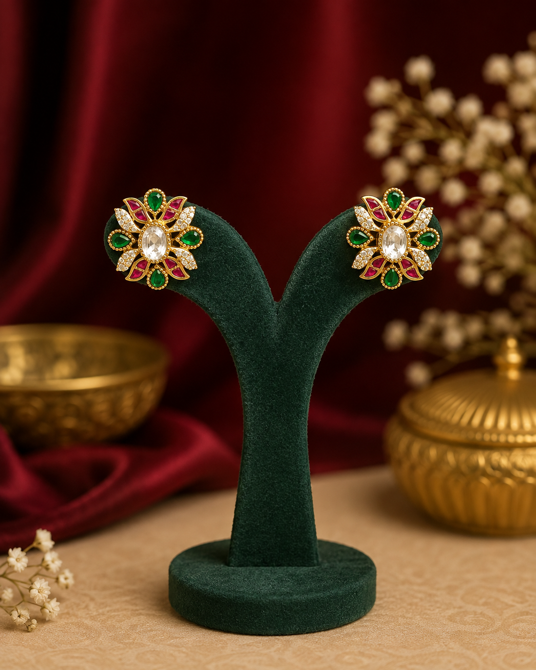 A woman wearing a cream-colored saree and a matching cream blouse, shown in a close-up portrait. She is wearing a prominent gold-toned floral stud earring decorated with red and green stones.
