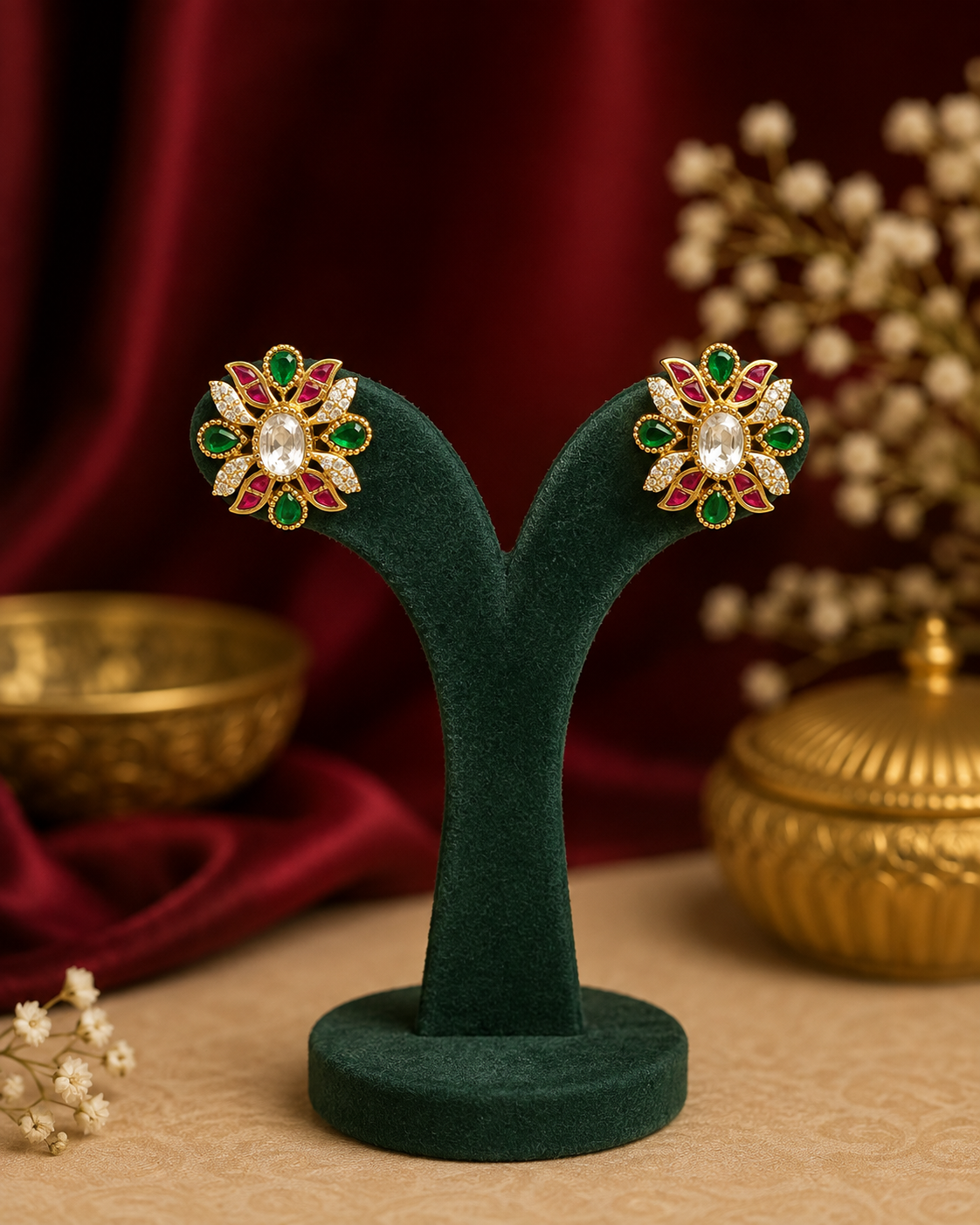 Kemp Floral Stud Earrings with Ruby & Emerald Stones | ONK60