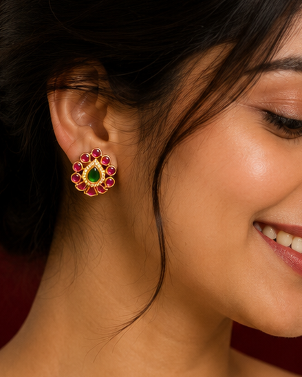 A woman in a cream-colored saree wearing a gold and red traditional Indian earring, posing against a dark red curtain background.