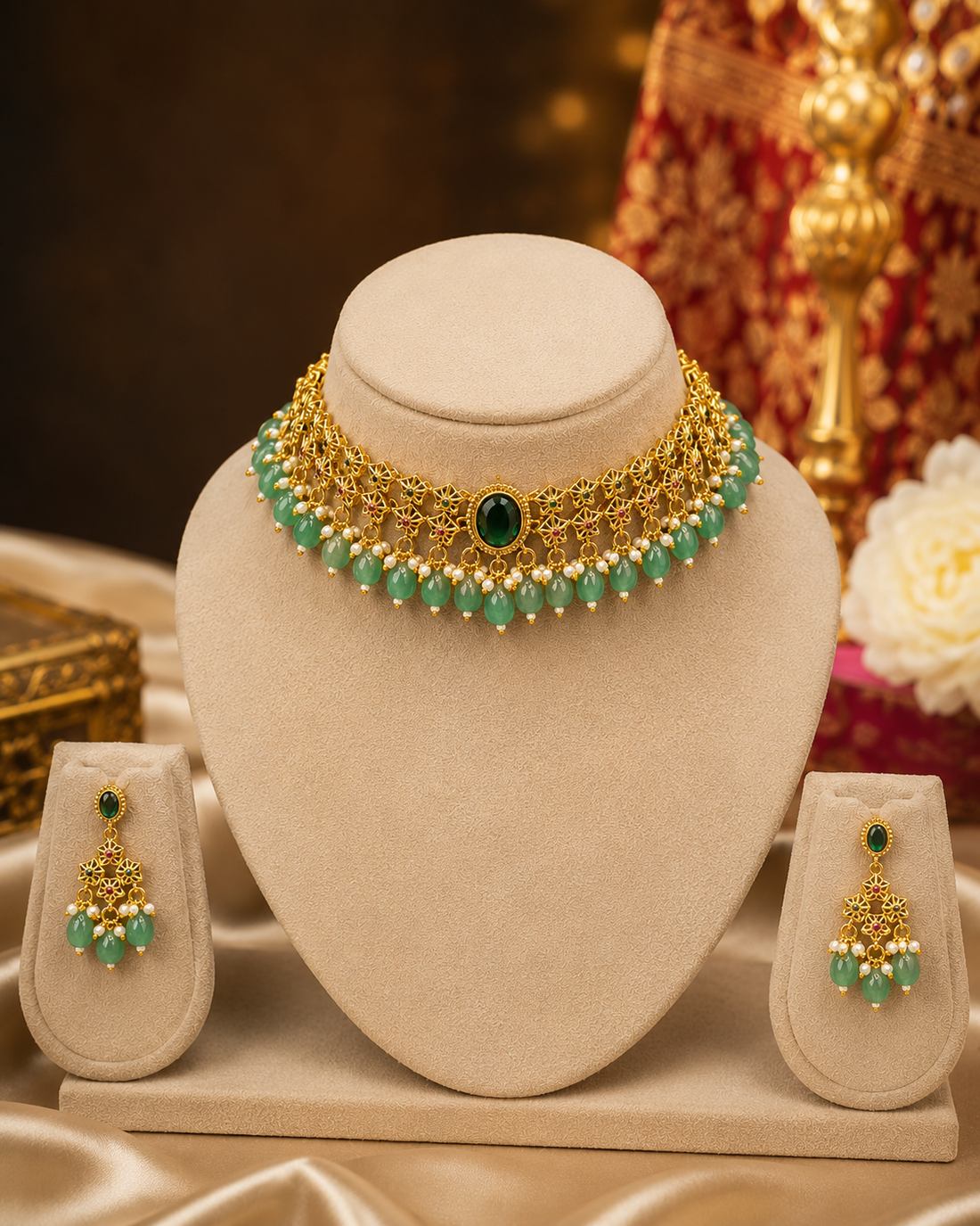 A woman wearing a traditional Indian outfit with a beige saree and a gold-toned statement necklace adorned with green beads and a central green stone, set against a warm, dark background with decorative elements.