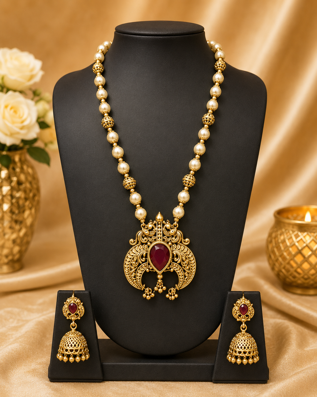 A woman wearing a traditional Indian outfit draped in a beige saree, showcasing a gold-plated necklace with a large ornate pendant featuring a deep red stone, along with matching gold earrings.