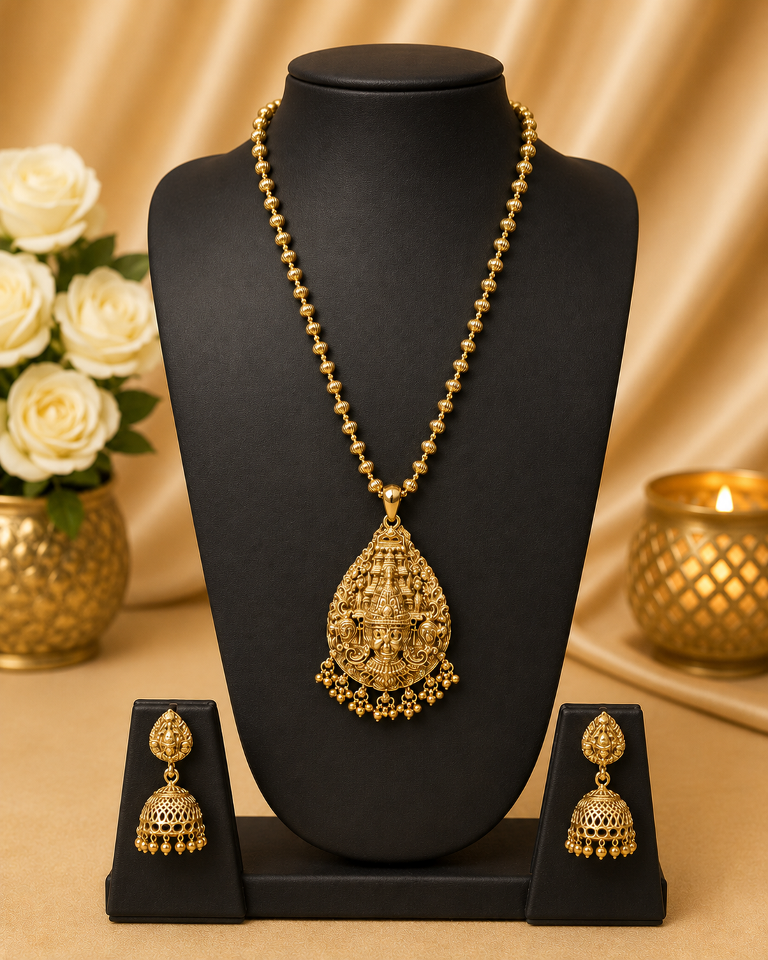 A woman wearing a traditional Indian outfit draped in beige fabric, featuring a gold necklace with a large ornate pendant and matching gold earrings, set against a warm beige background with decorative flowers.
