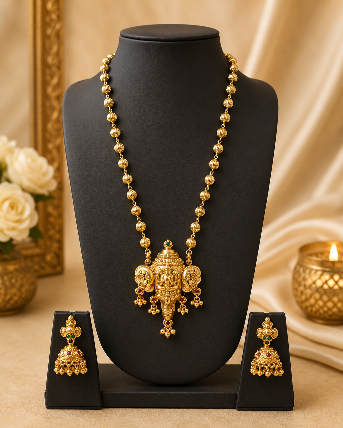Gold-toned traditional Indian jewelry set displayed on a black mannequin bust, featuring a long beaded necklace with a Ganesha pendant and matching earrings, set against a warm beige background with decorative flowers and a lit candle.