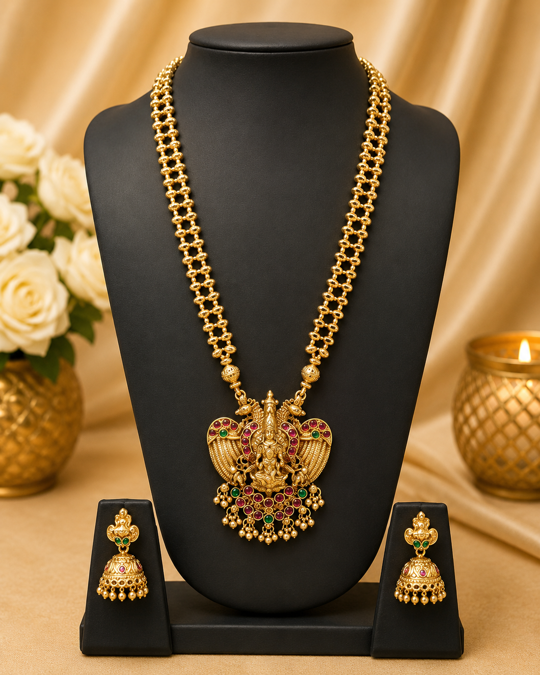 A woman wearing a gold-toned traditional necklace with a large ornate pendant featuring red and green stone accents, matching gold earrings, and a beige sari in a warm indoor setting.