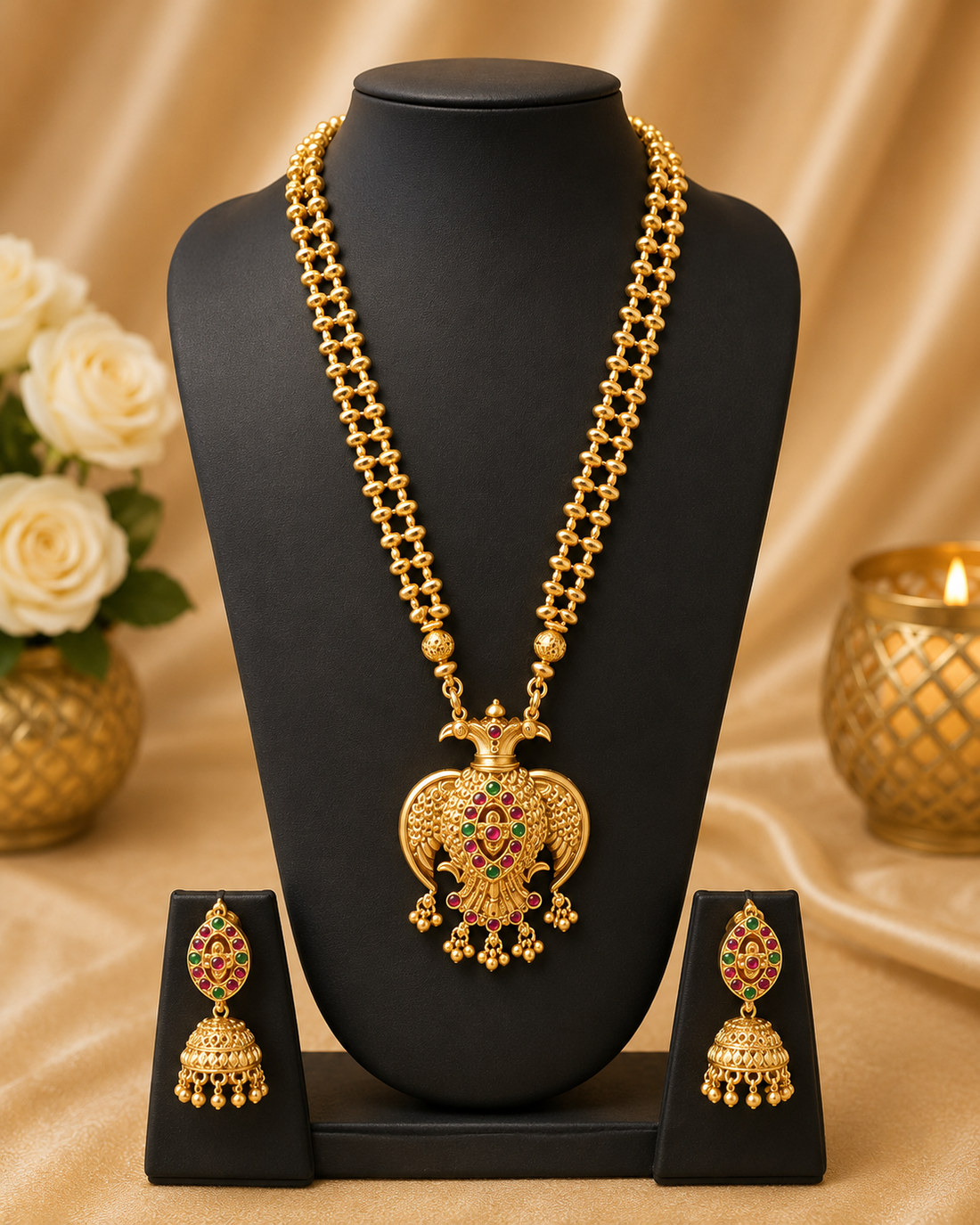 A woman wearing a beige saree and matching blouse, styled with an ornate gold necklace featuring a large paisley pendant and matching gold earrings, set against a warm beige background with white roses.