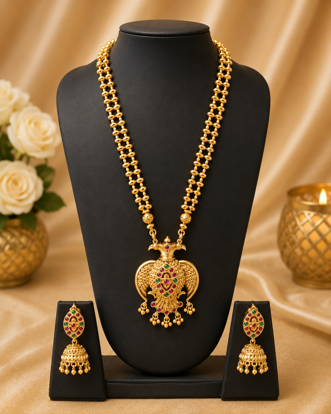 Gold-toned traditional jewelry set displayed on a black mannequin bust, including a long chain necklace with an ornate pendant and matching drop earrings, set against a warm beige satin backdrop with decorative flowers and a candle.