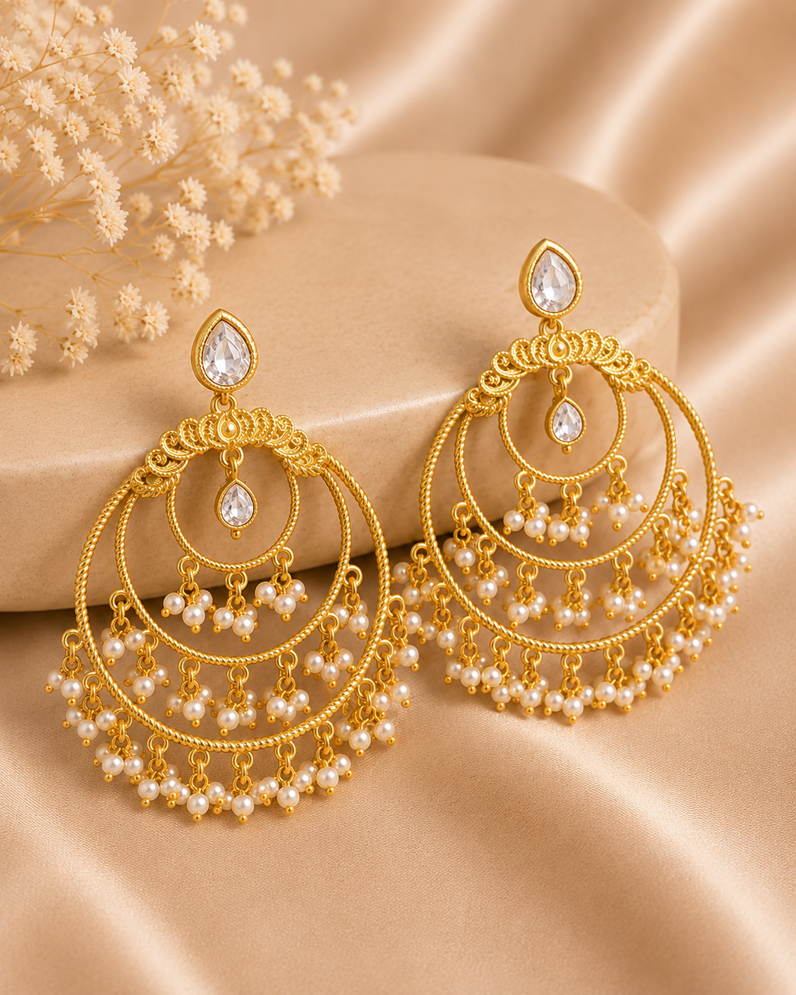 Gold Ruby Teardrop Triple Crescent Chandbali Earrings with Pearl Fringe | ONK89