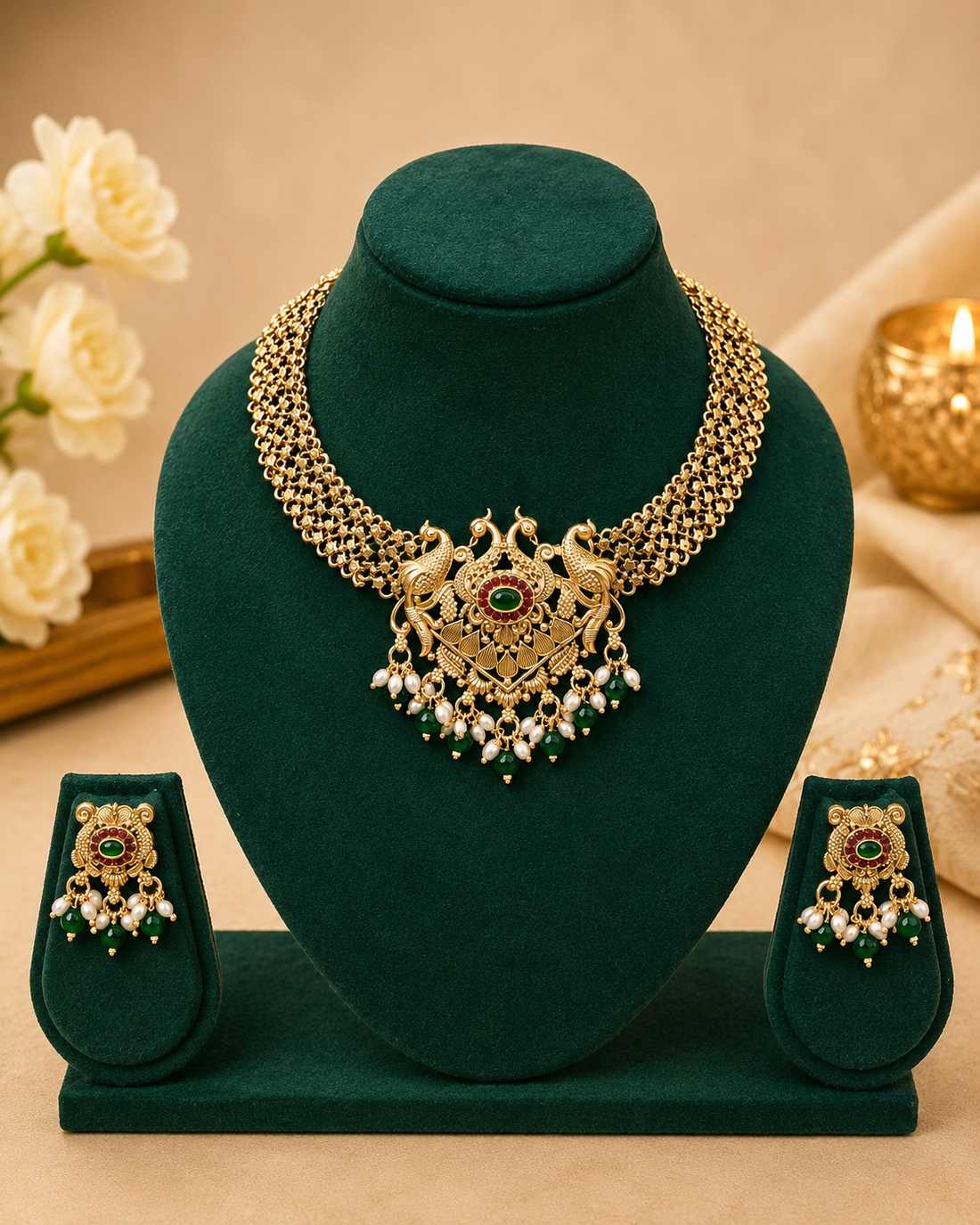 A woman wearing an ornate gold-toned traditional necklace and matching earrings, styled with a beige saree in a warm, softly lit indoor setting.