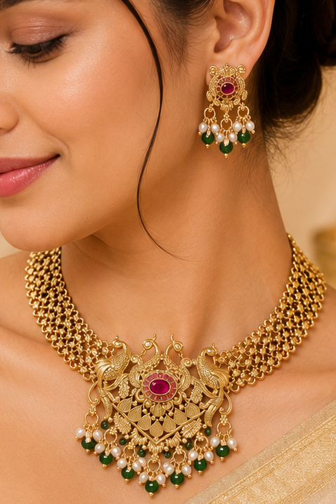A woman wearing an ornate gold-toned traditional necklace with a central pink stone and green bead drops, matching drop earrings, and a beige sari against a warm cream background.