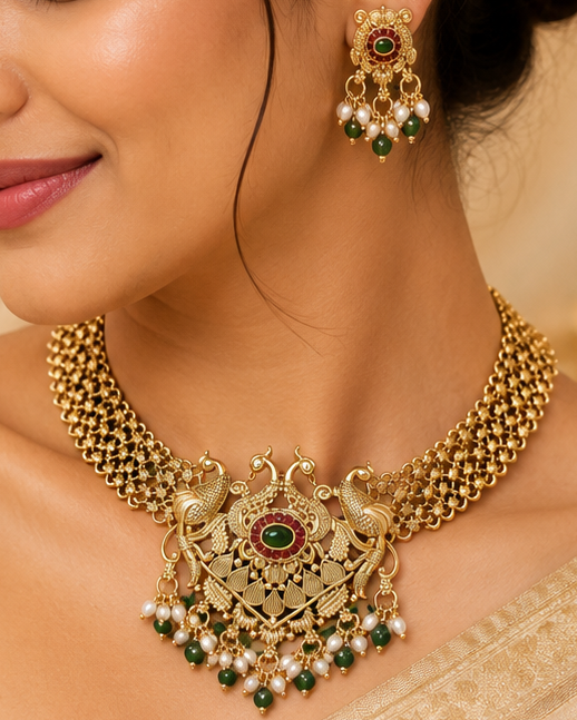 A woman wearing an ornate gold-toned traditional necklace and matching earrings, styled with a beige saree in a warm, softly lit indoor setting.
