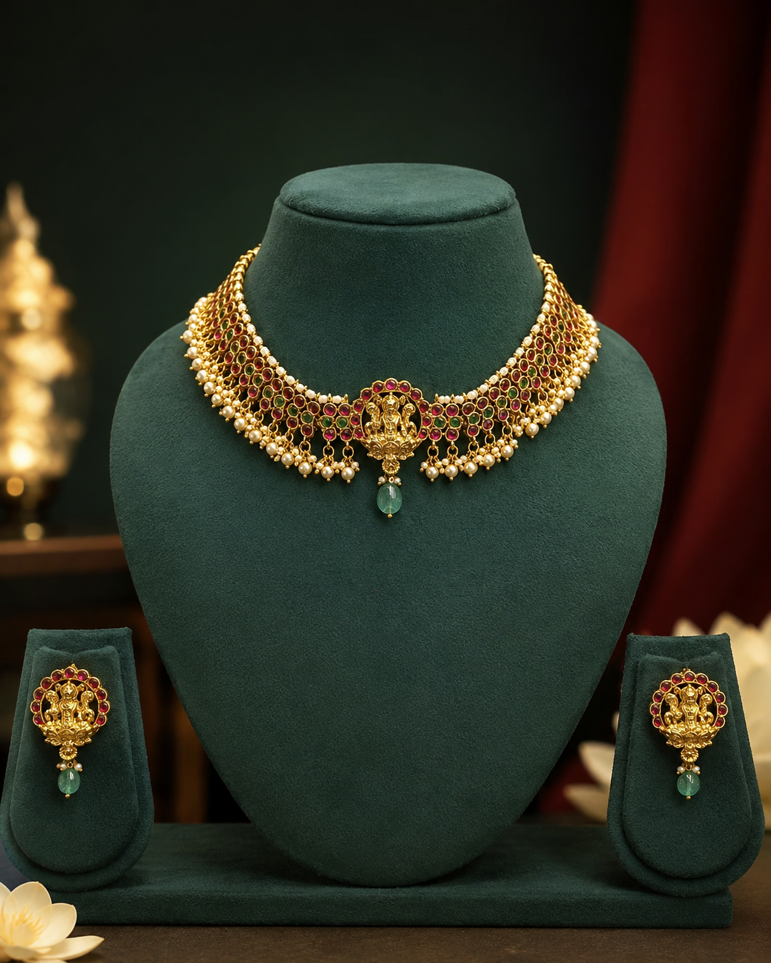 Gold-toned traditional Indian jewelry set displayed on a dark green velvet mannequin bust, including a choker necklace with a central deity motif and matching drop earrings on small display stands.