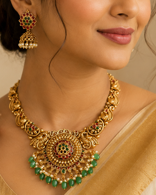 A woman wearing an ornate gold-toned traditional necklace with green bead accents and matching drop earrings, styled with a beige and gold saree.