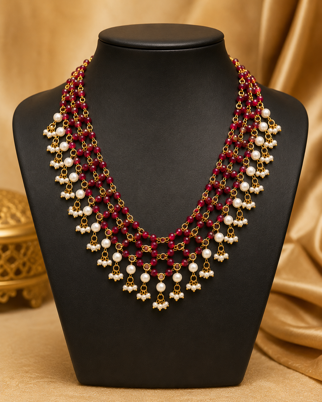 A multi-strand green beaded necklace with gold-toned chains and white pearl-like drops, displayed on a black jewelry bust against a warm beige background with decorative fabric and a small floral vase.
