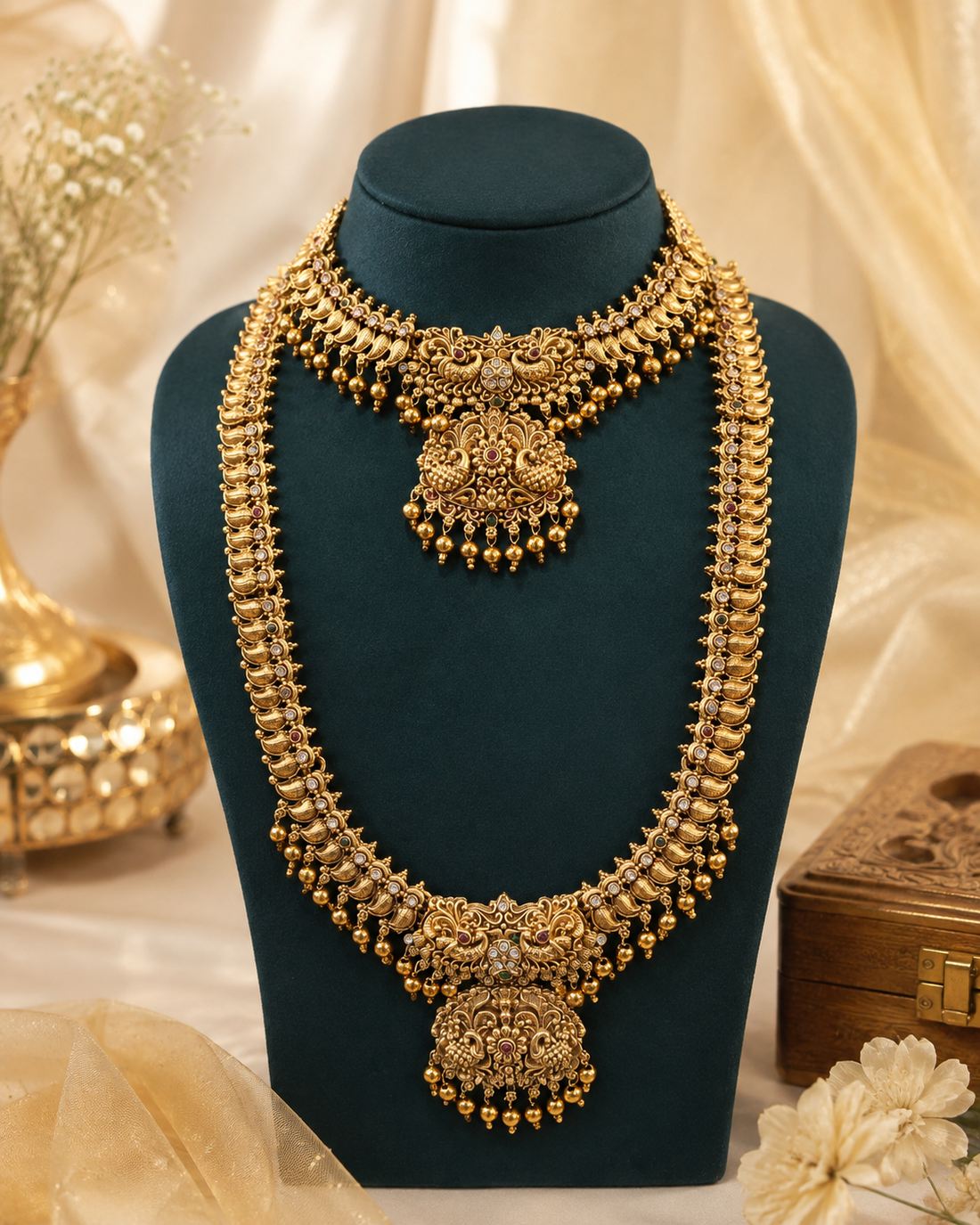 An ornate gold-toned traditional necklace displayed on a dark teal jewelry bust, with matching decorative elements and draped cream fabric in the background.
